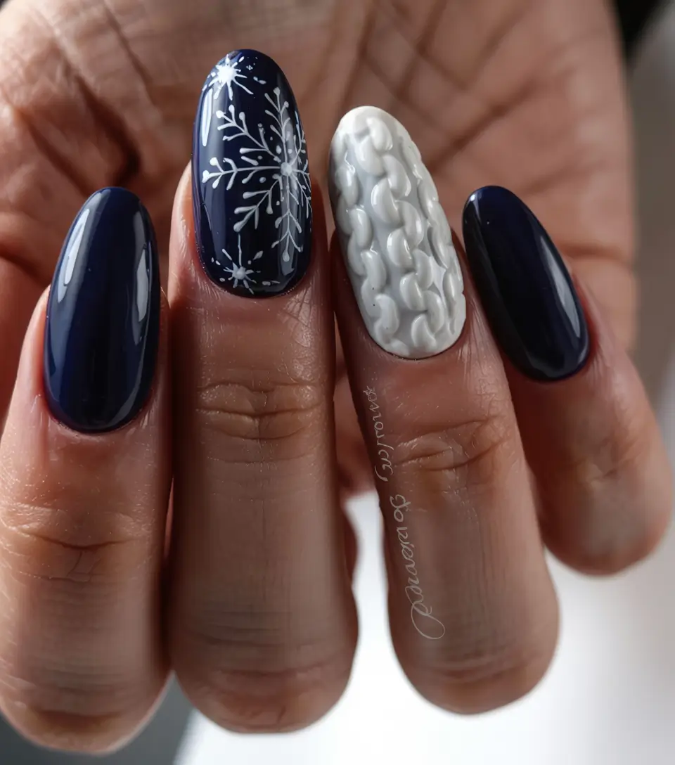 Trendy Blue Nail Ideas Christmas 2025 Nordic Knit & Snow