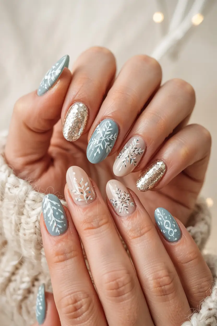 Trendy Blue Nail Ideas Christmas 2025 Golden Frost Harmony