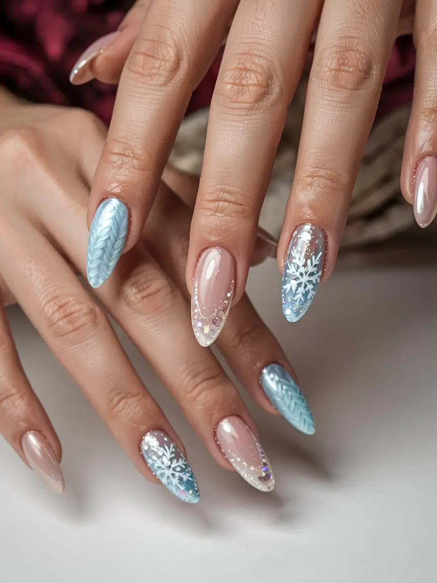 Trendy Blue Nail Ideas Christmas 2025 Blue Knit Fantasy