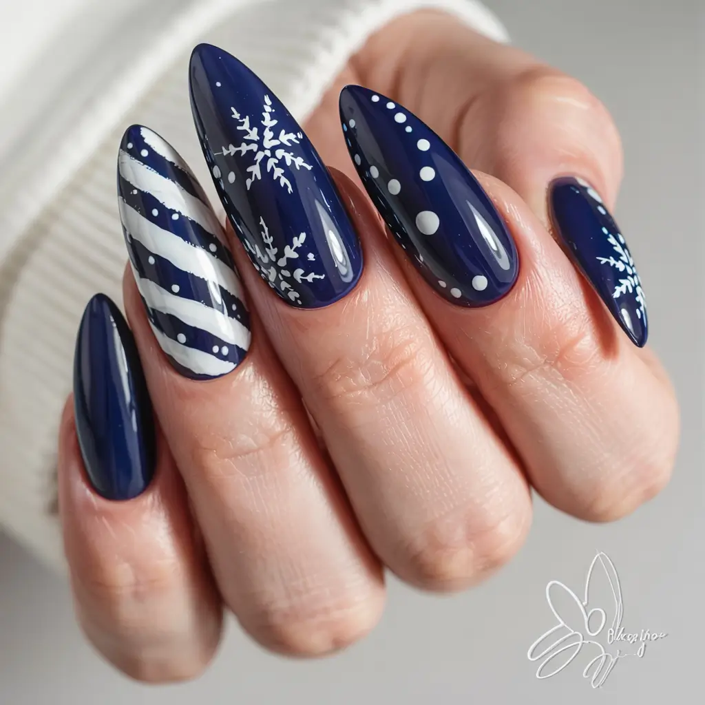 Trendy Blue Nail Ideas Christmas 2025 Midnight Candy Stripes