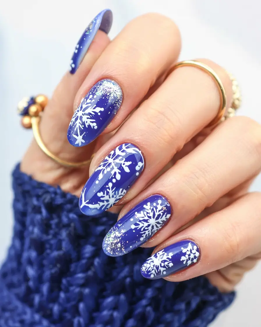 Trendy Blue Nail Ideas Christmas 2025 Royal Snowflake Spark