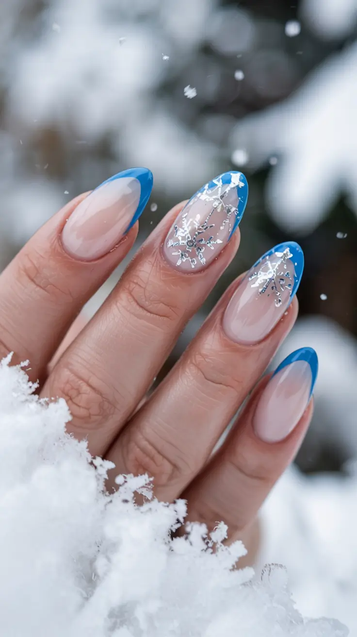 Trendy Blue Nail Ideas Christmas 2025 Frosted French Glow