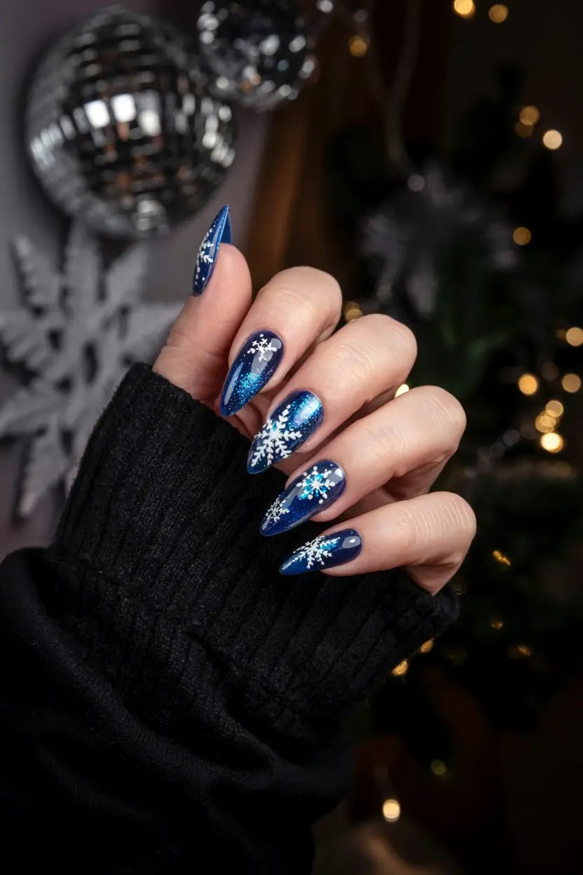 Trendy Blue Nail Ideas Christmas 2025 Midnight Spark & Snow
