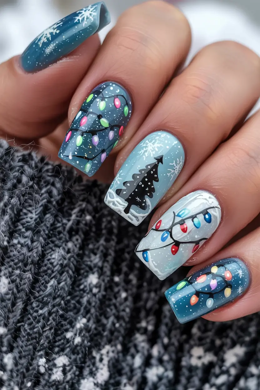 Trendy Blue Nail Ideas Christmas 2025 Twinkling Holiday Lights