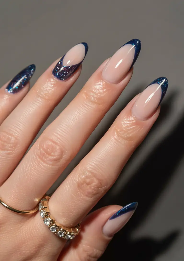 Trendy Blue Nail Ideas Christmas 2025 Starry Midnight French