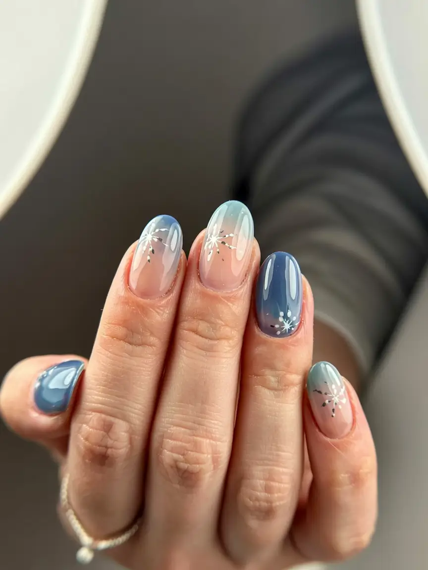 Trendy Blue Nail Ideas Christmas 2025 Frosted Gradient Petals