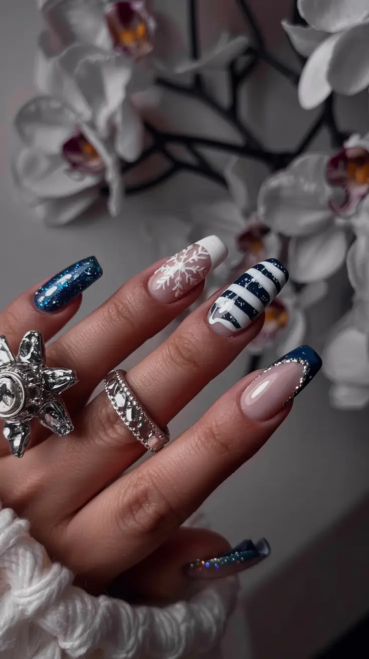 Trendy Blue Nail Ideas Christmas 2025 Striped Winter Glam
