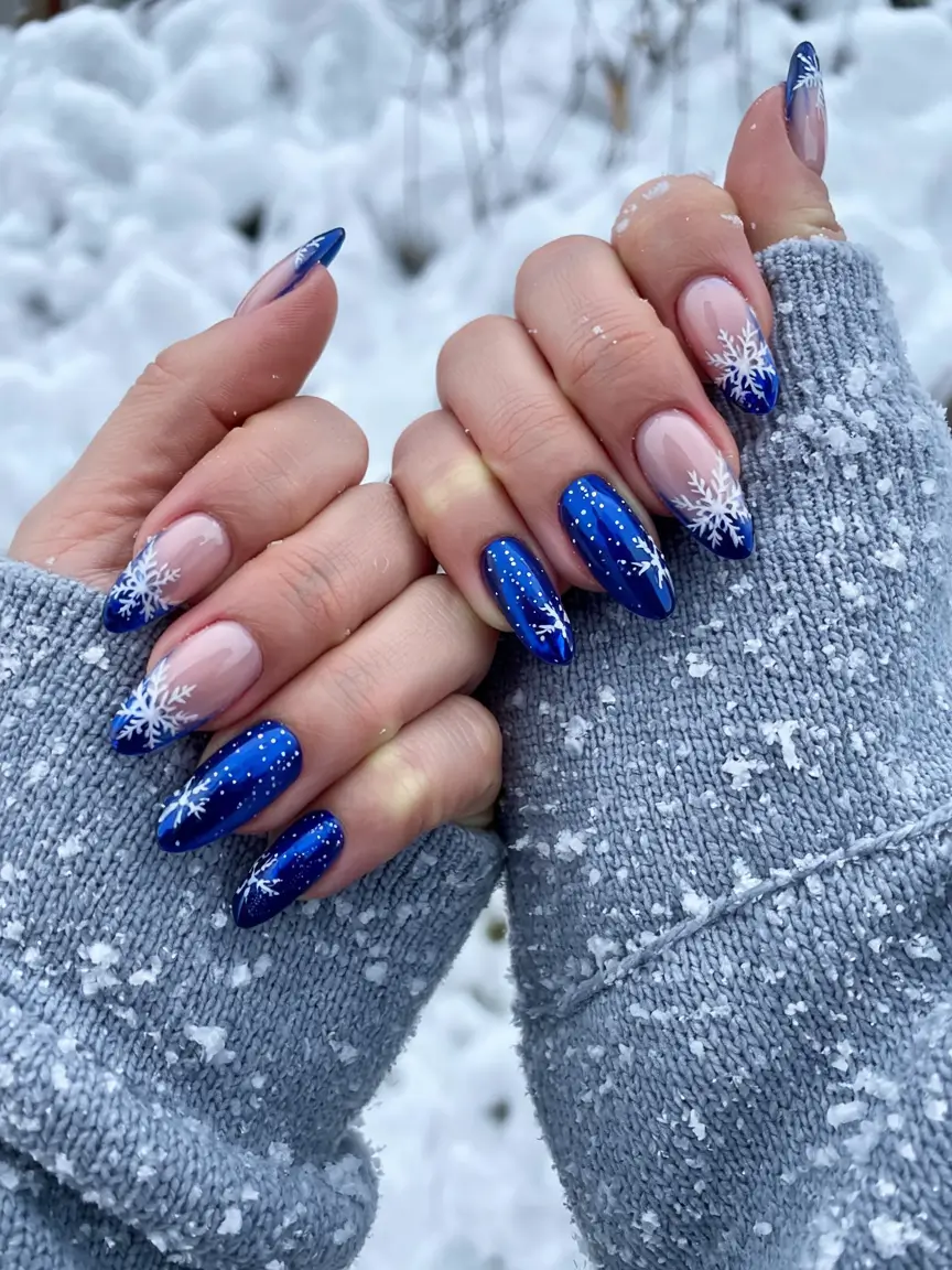 Trendy Blue Nail Ideas Christmas 2025 Blue Velvet Snow