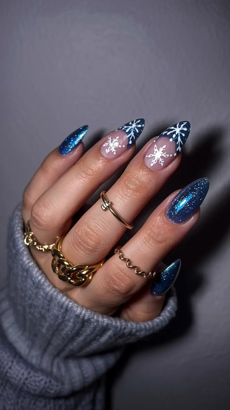Trendy Blue Nail Ideas Christmas 2025 Midnight Snowfall