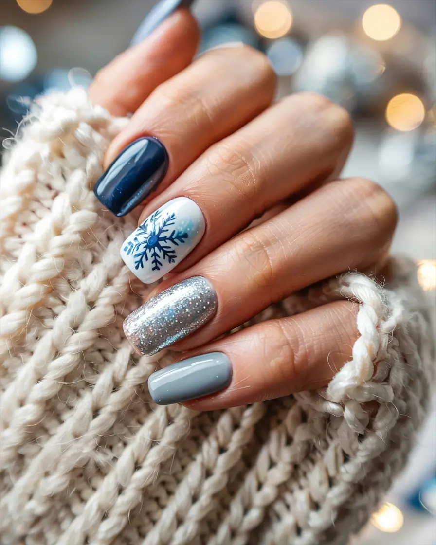 Trendy Blue Nail Ideas Christmas 2025 Snowflake Chic with a Twist