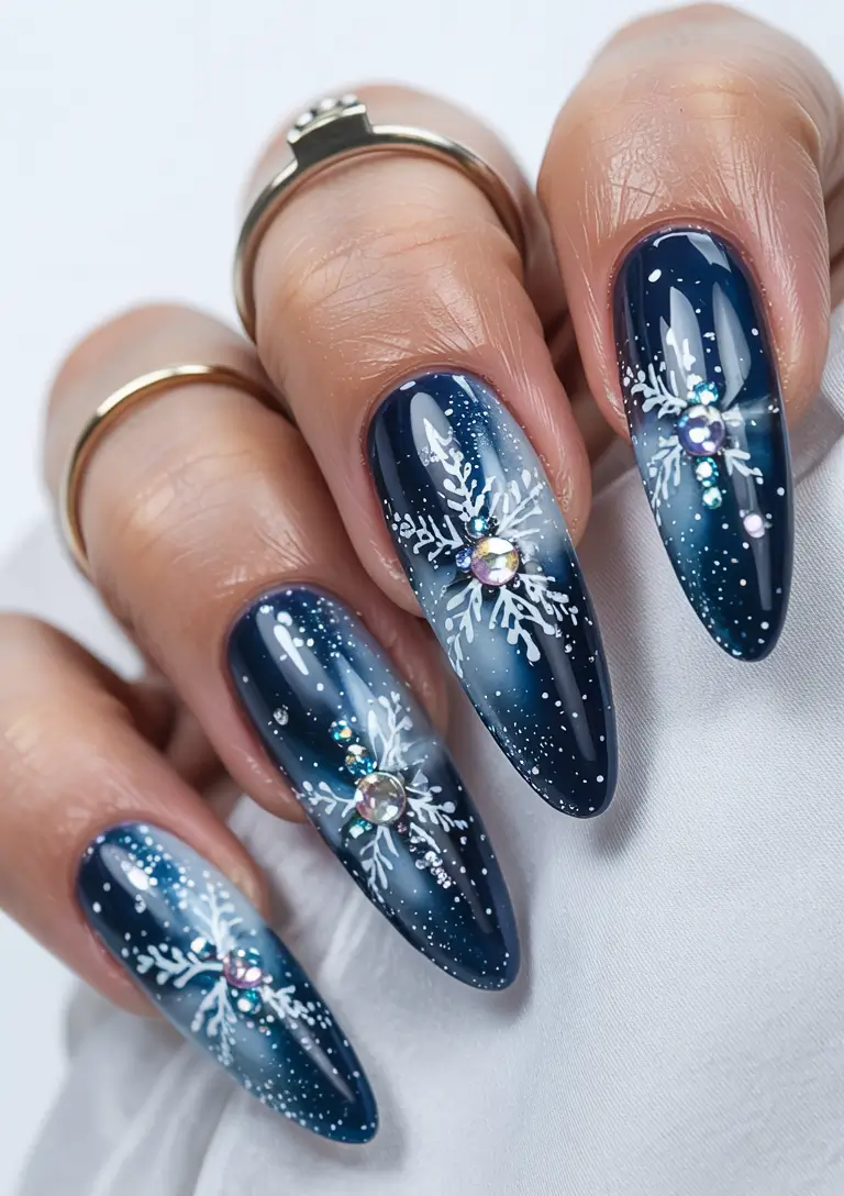 Trendy Blue Nail Ideas Christmas 2025 Crystal Nightfall Spark