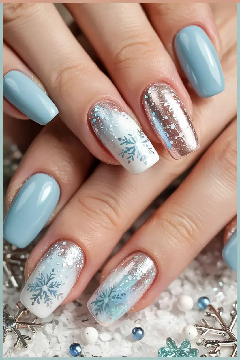 Trendy Blue Nail Ideas Christmas 2025 Frosted Snowfall Gradient