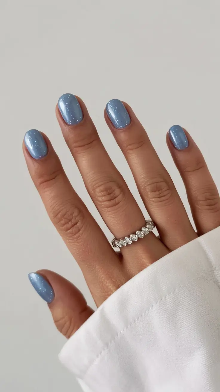 trendy simple winter nail ideas 2025 2026 Blue Frost Micro-Shimmer