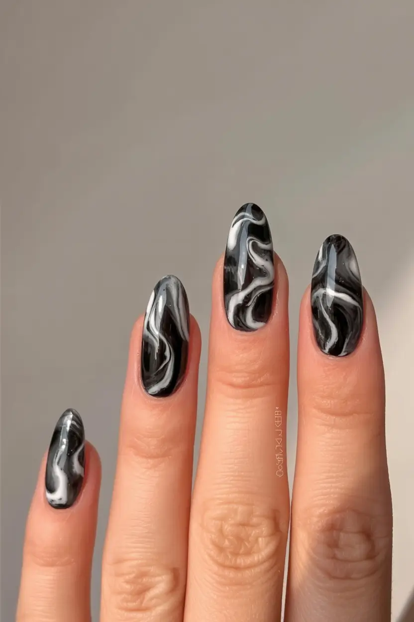 trendy winter nails 2025 2026 Black Marble Chill