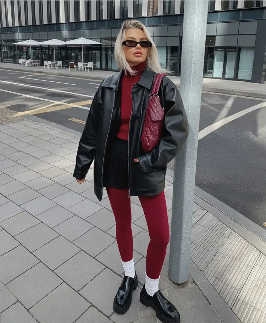 winter 2025 2026 going out outfit ideas Burgundy Pop Against Black