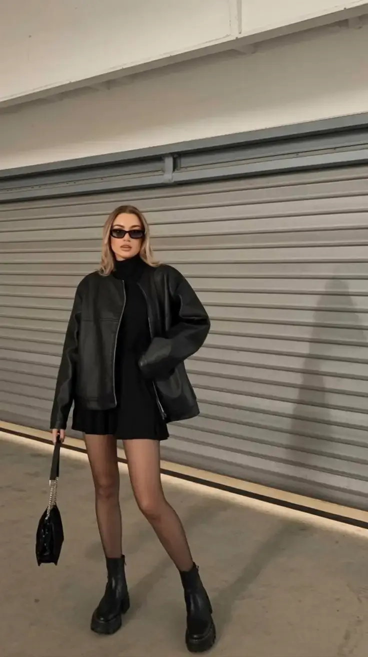 winter 2025 2026 going out outfit ideas Monochrome Leather Layers