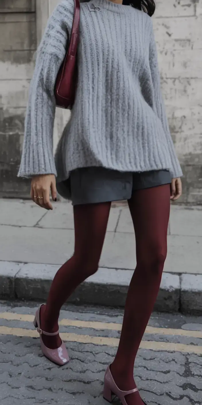 winter 2025 2026 going out outfit ideas Playful Burgundy Tights