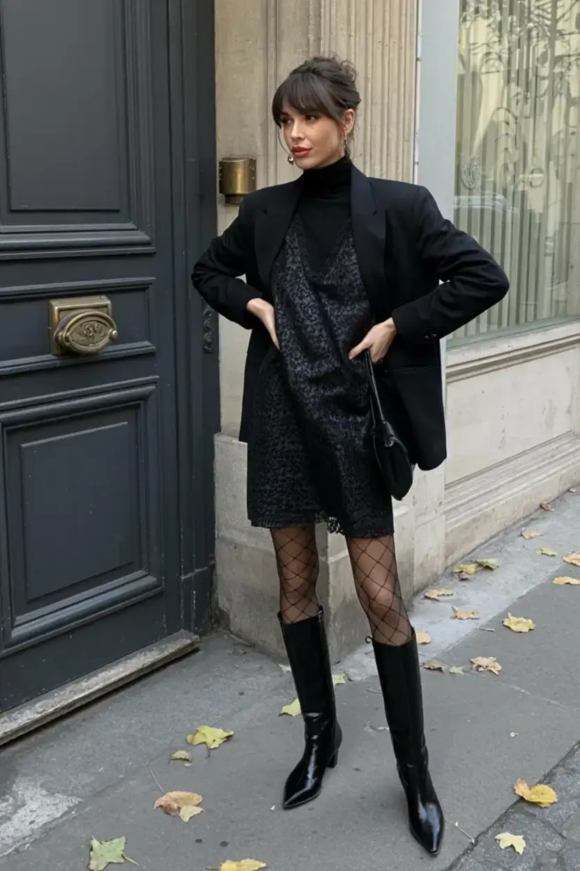 winter 2025 2026 going out outfit ideas Parisian Noir With a Twist