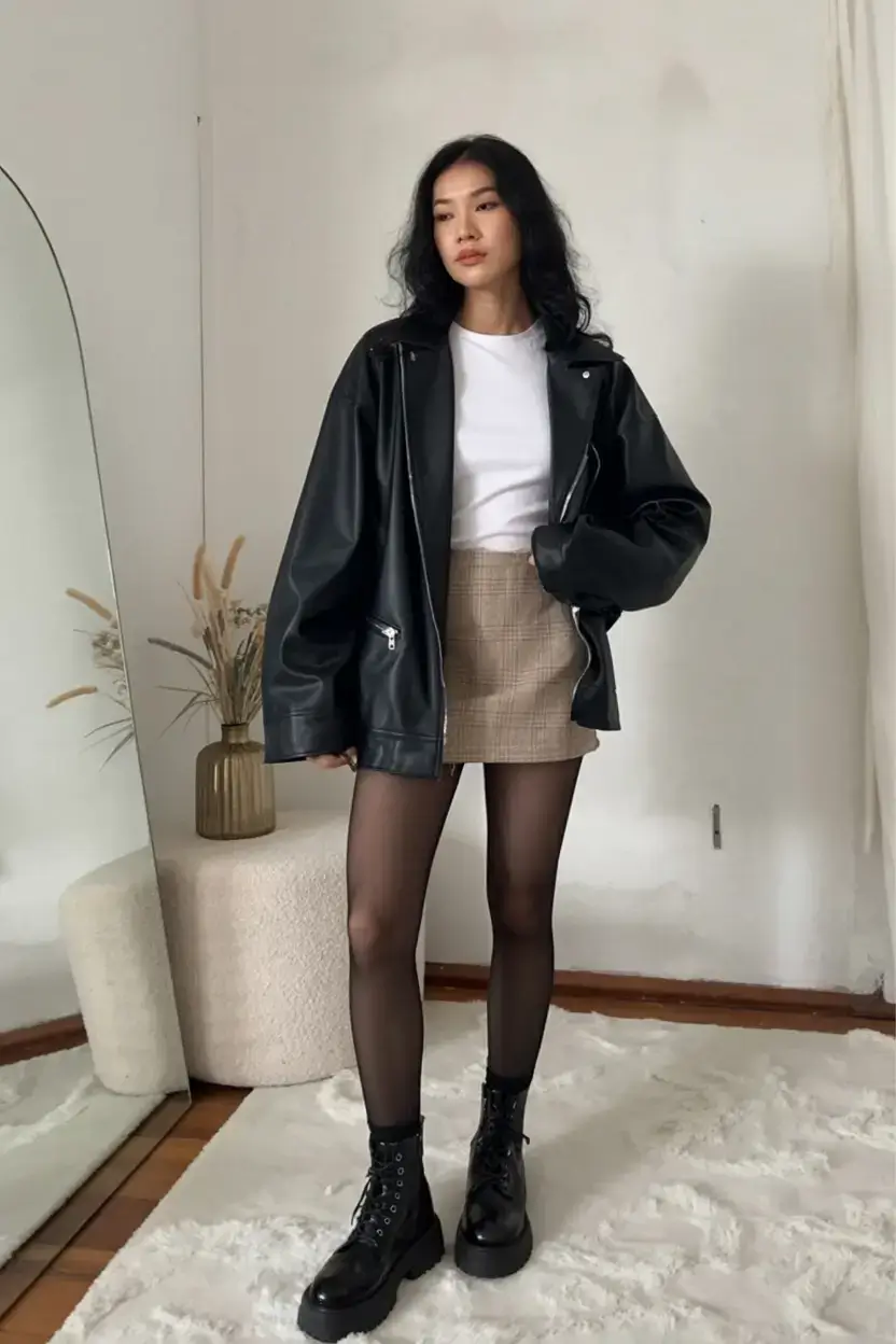 winter 2025 2026 going out outfit ideas Edgy Contrast with Leather and Checks