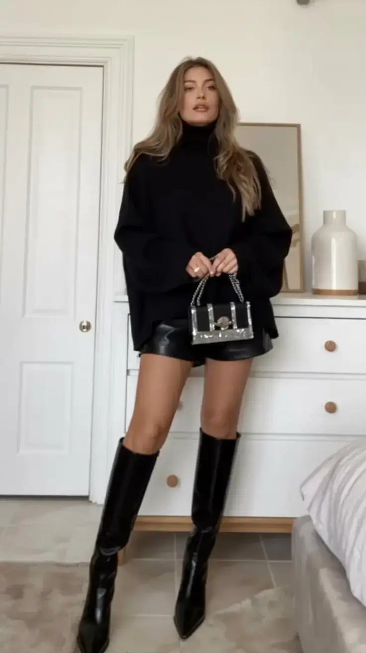 winter 2025 2026 going out outfit ideas Sleek in All-Black Leather and Knit