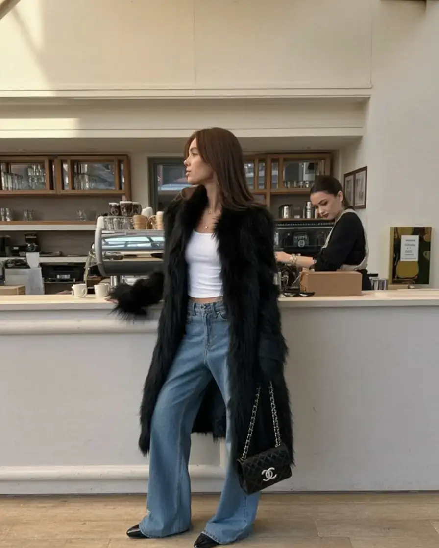 winter 2025 2026 going out outfit ideas Faux Fur Meets Denim Chic