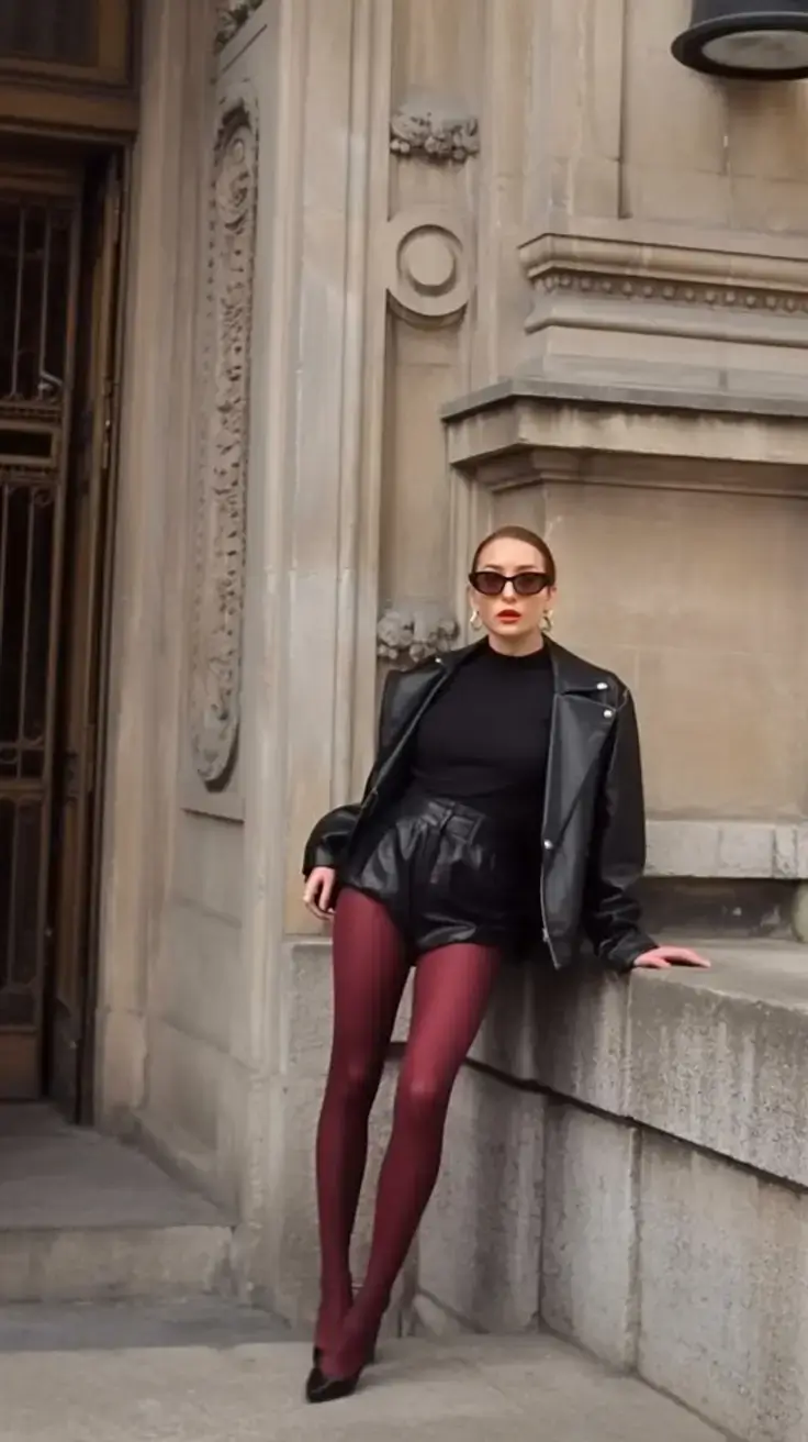 winter 2025 2026 going out outfit ideas Wine-Red Tights and Black Leather Drama