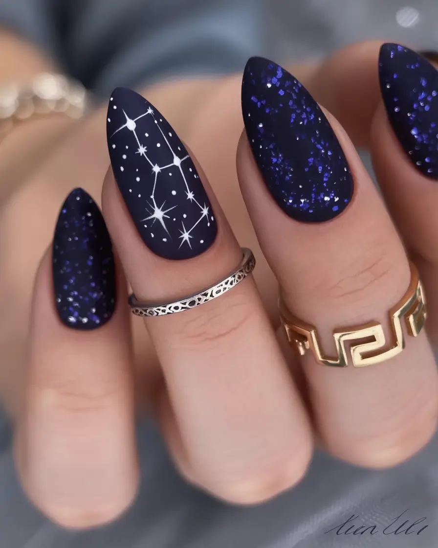 winter acrylic nails 2025 2026 Cosmic Night Constellations