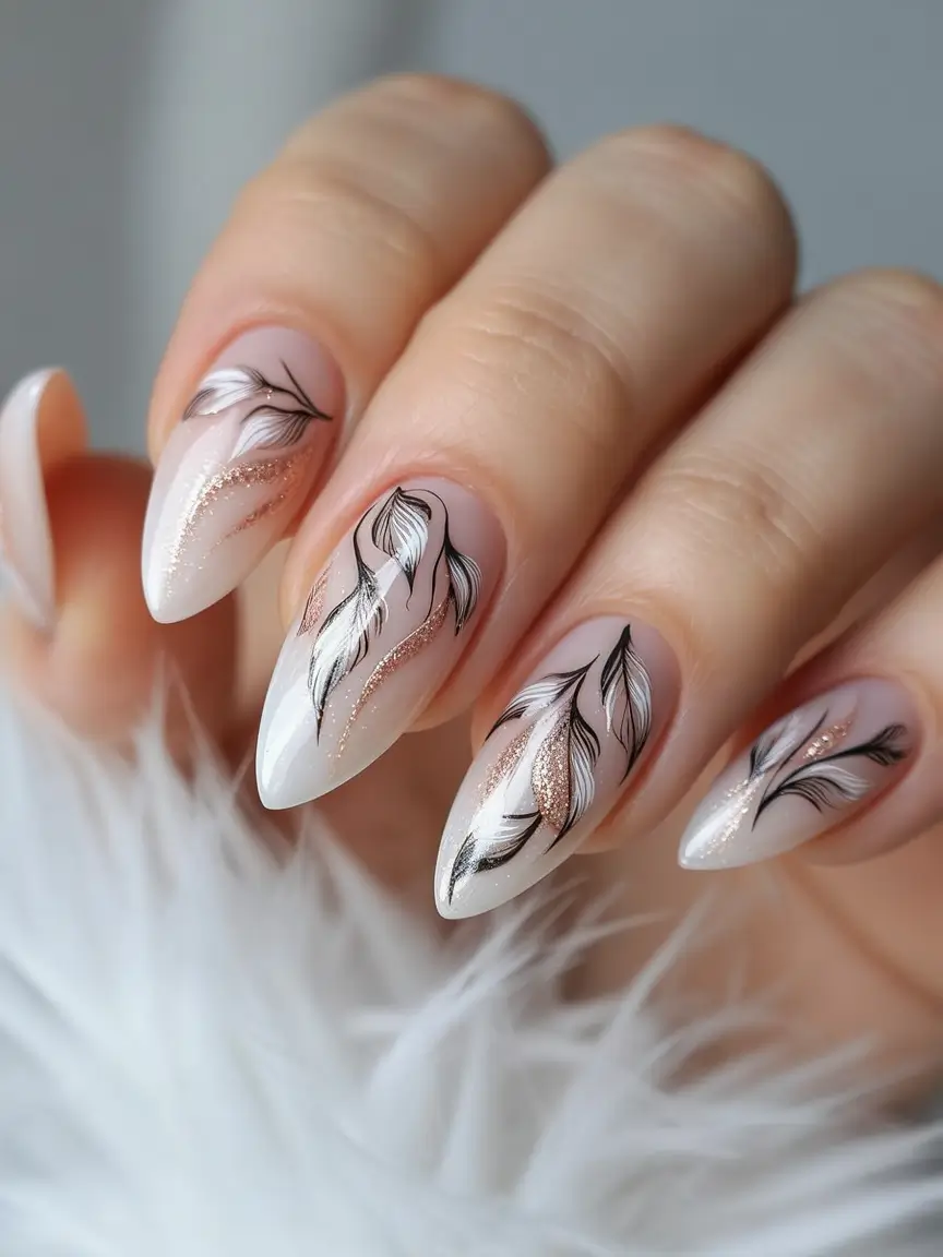 winter acrylic nails 2025 2026 Feathered Winter Grace