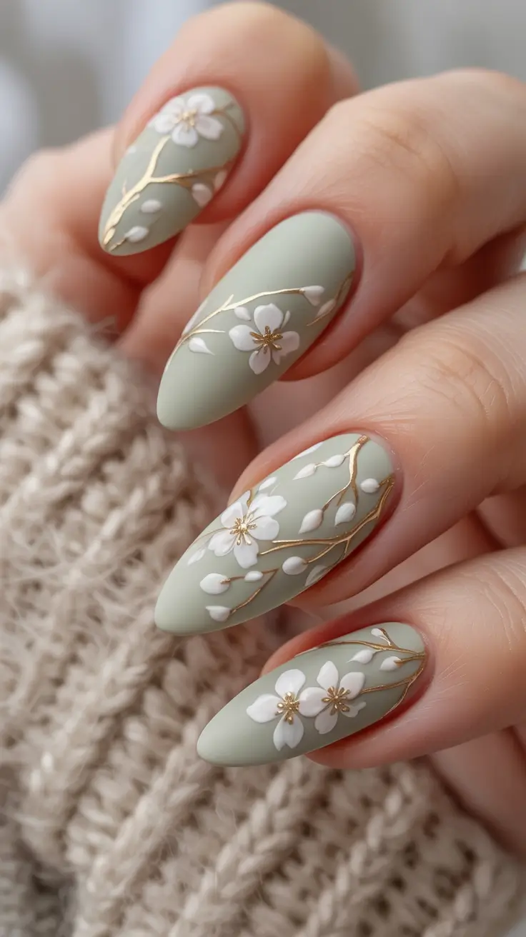 winter acrylic nails 2025 2026 Frosted Sage Blossom