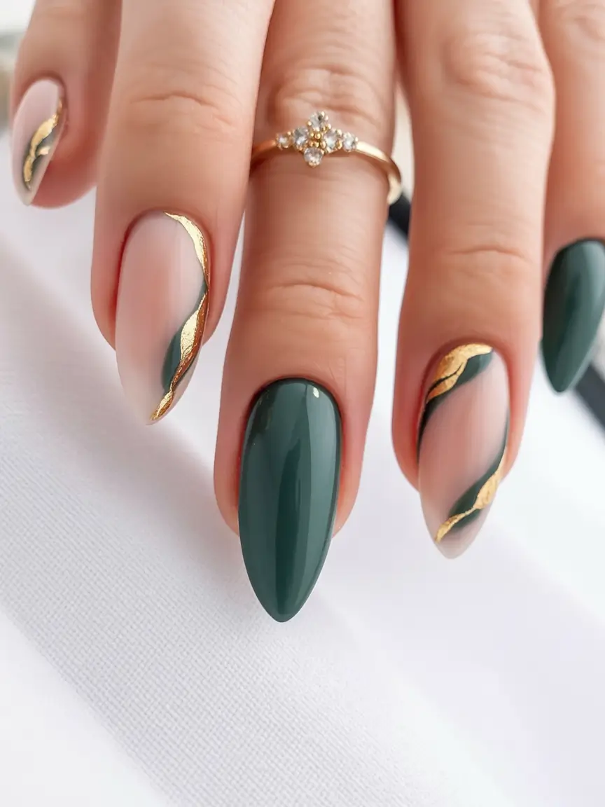 winter acrylic nails 2025 2026 Emerald and Gold Contour