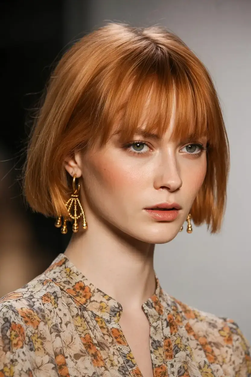 winter bob haircuts ideas 2025 2026 Warm Copper Bob with Wispy Bangs