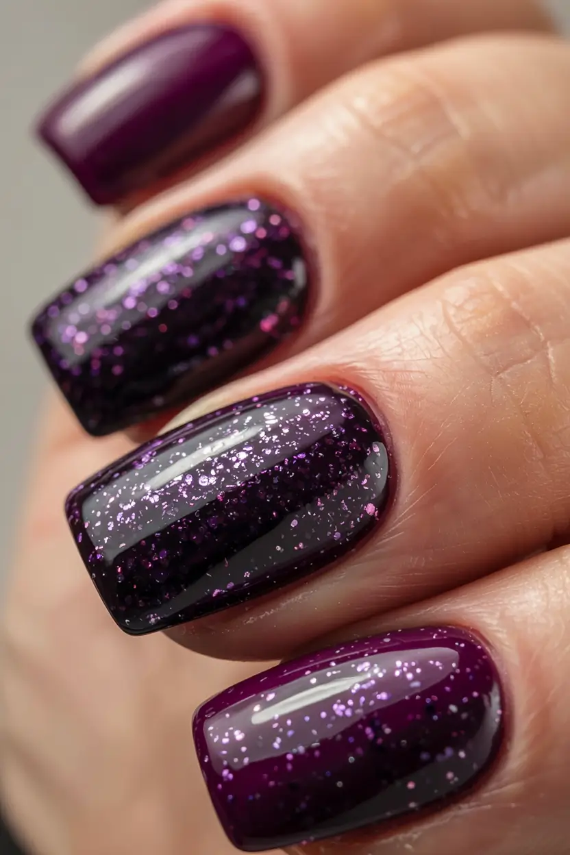 winter color nails ideas 2025 2026 Cosmic Plum Sparkle