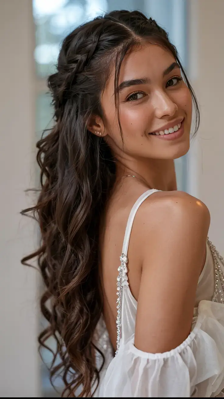 winter formal hairstyles 2025 2026 Modern Fairytale Braid with Long Curls