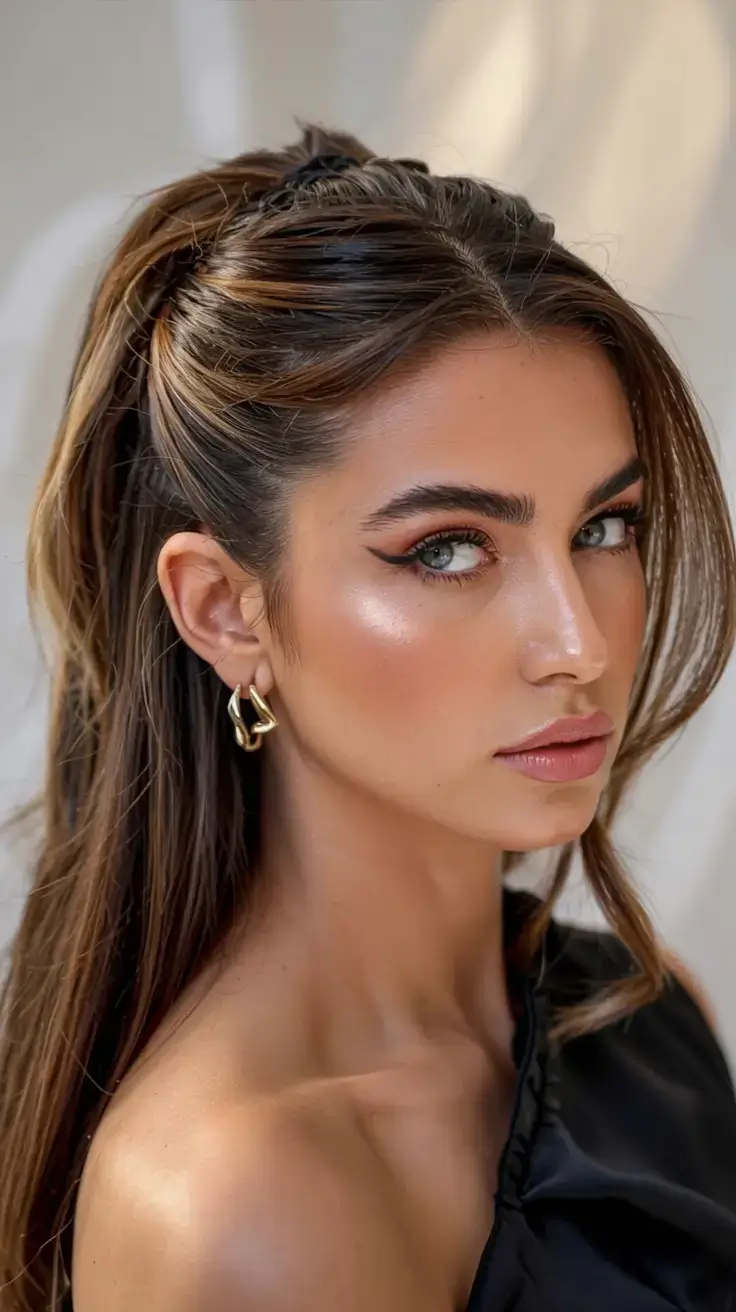 winter formal hairstyles 2025 2026 High Gloss Half-Up Ponytail with Bold Attitude