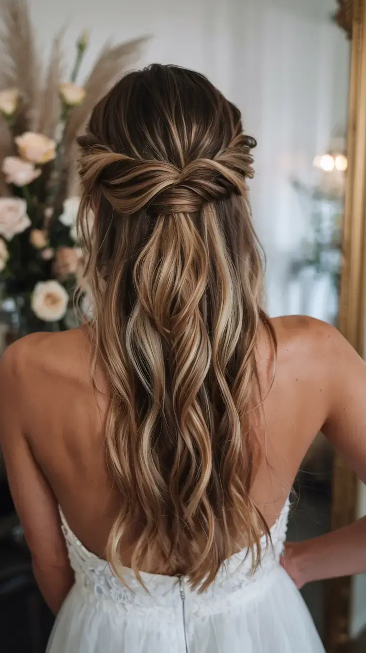 winter formal hairstyles 2025 2026 Golden Bow Half-Up Waves