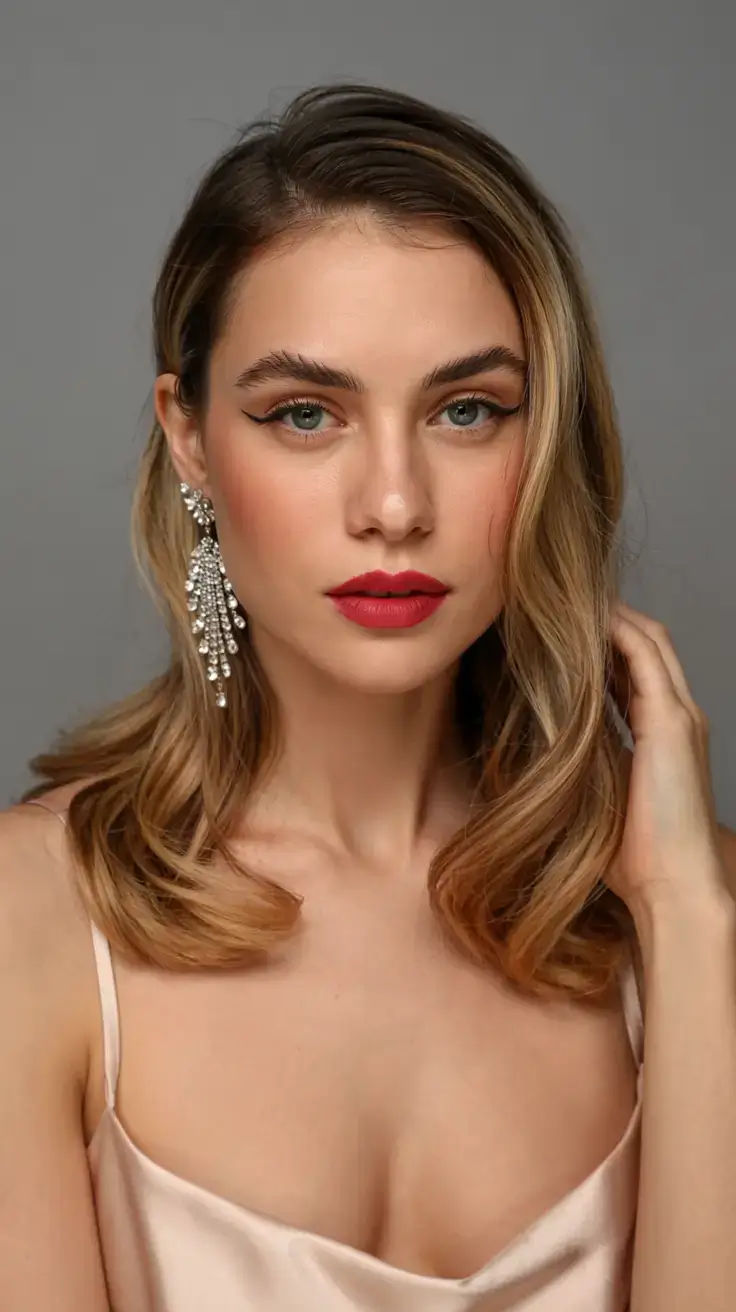 winter formal hairstyles 2025 2026 Classic Hollywood Waves with Winter Red