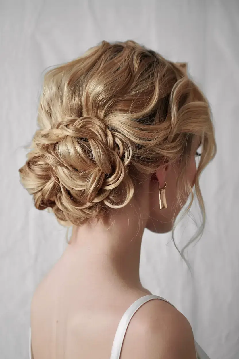 winter formal hairstyles 2025 2026 Braided Low Bun of Golden Threads