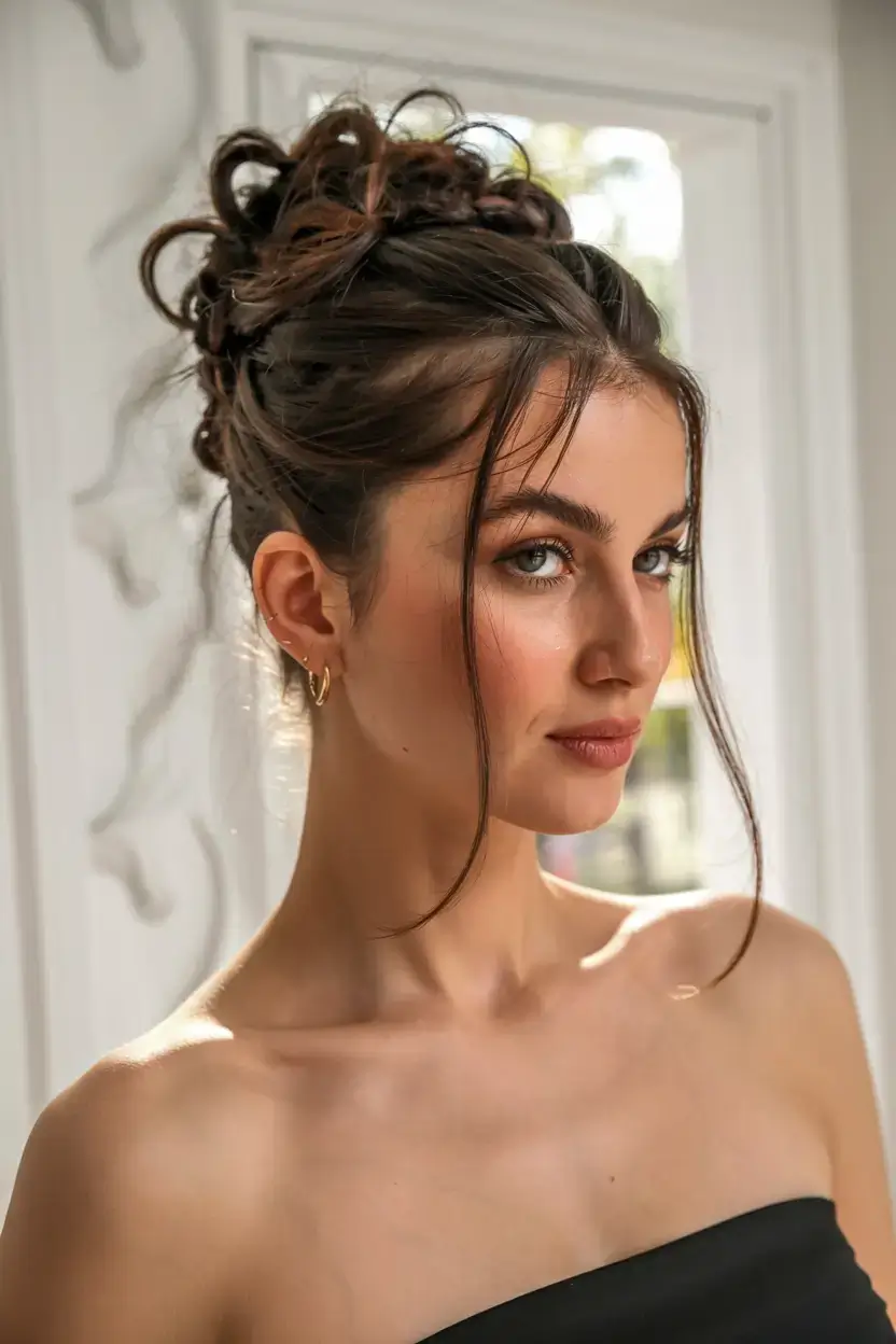 winter formal hairstyles 2025 2026 Messy High Bun with Face-Framing Strands