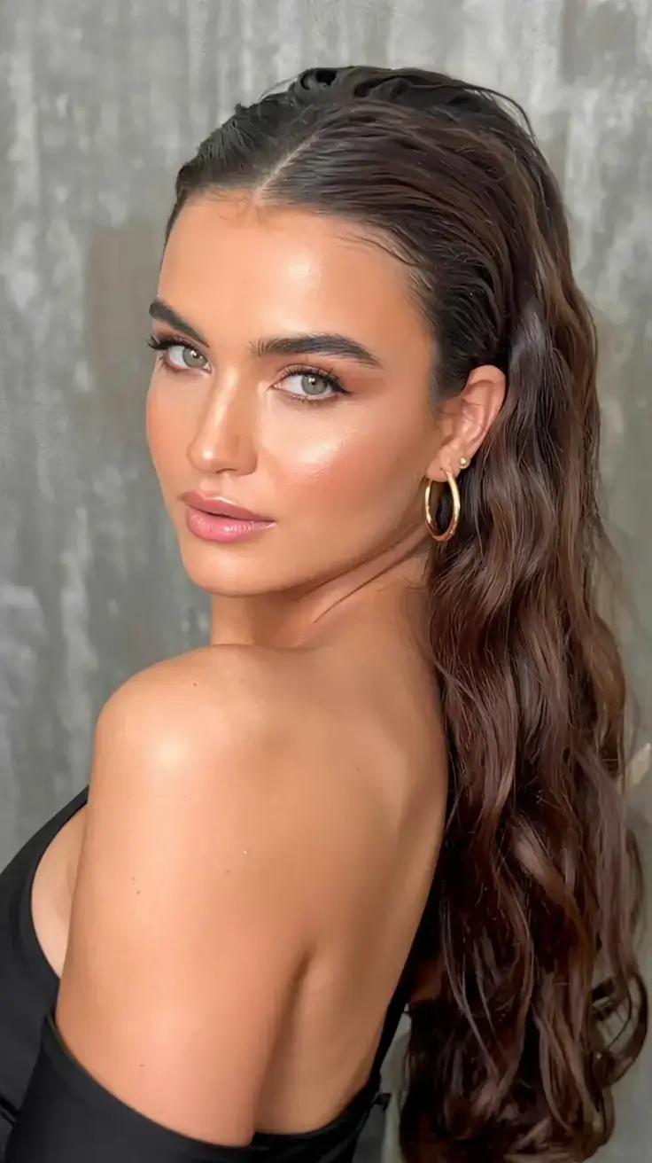 winter formal hairstyles 2025 2026 Slicked-Back Waves with High Shine