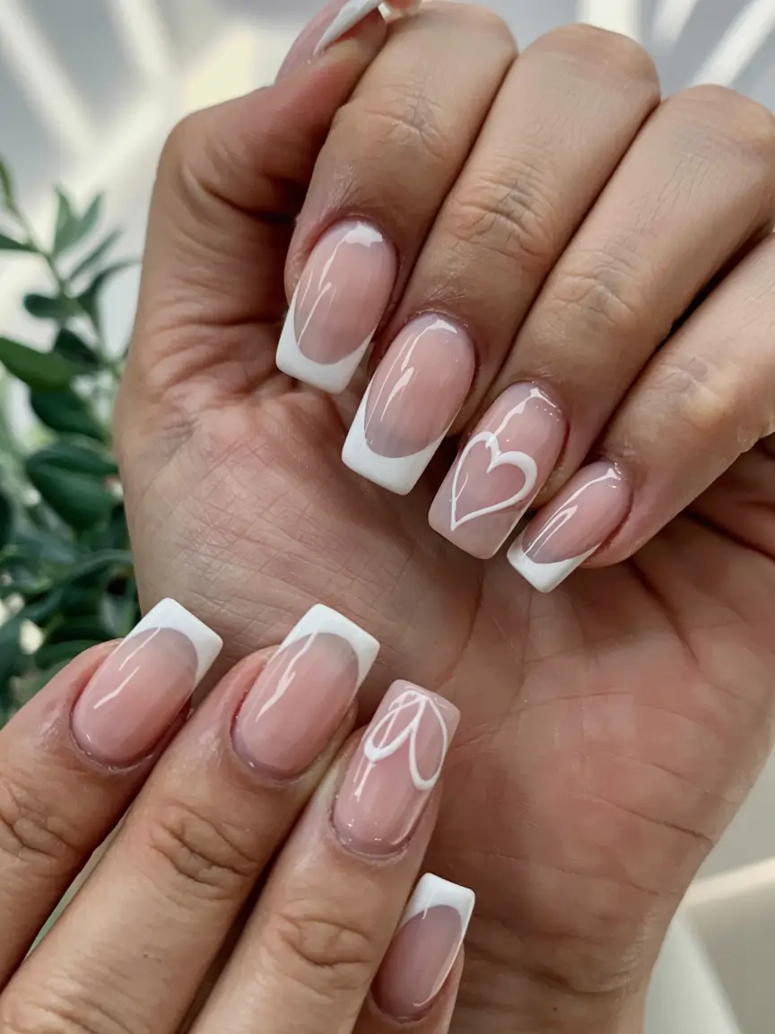 winter french tip nails 2025 2026 White Heart Geometry