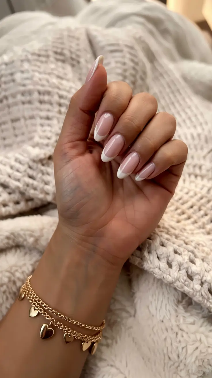 winter french tip nails 2025 2026 Soft Almond French