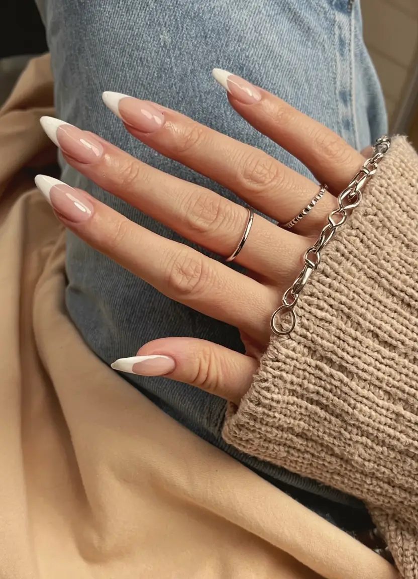 winter french tip nails 2025 2026 Silver-Season Tips with a Hint of Shine