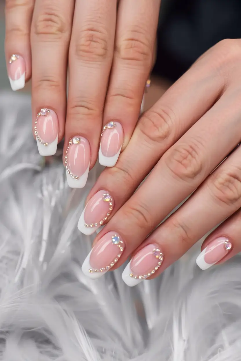 winter french tip nails 2025 2026 Crystal-Embellished Elegance