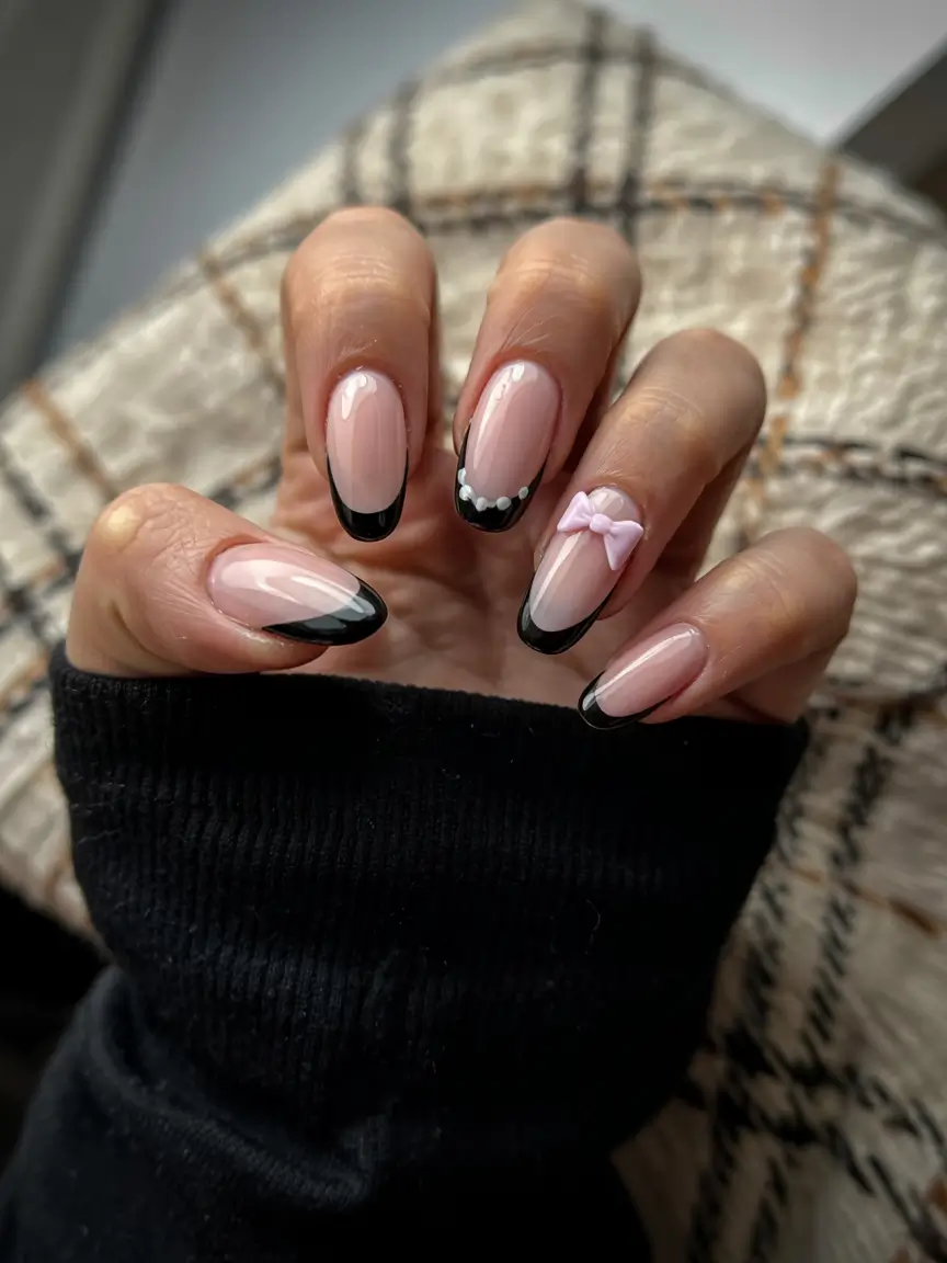 winter french tip nails 2025 2026 Chic Noir French with a Twist