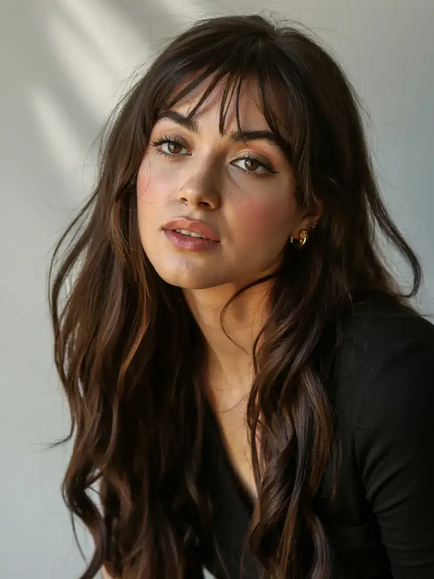 winter haircuts and colors ideas 2025 2026 Espresso Balayage with Wispy Bangs