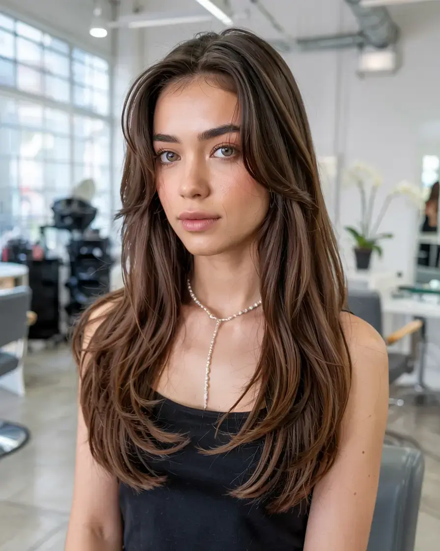 winter haircuts and colors ideas 2025 2026 Classic Brunette Blowout with Long Layers