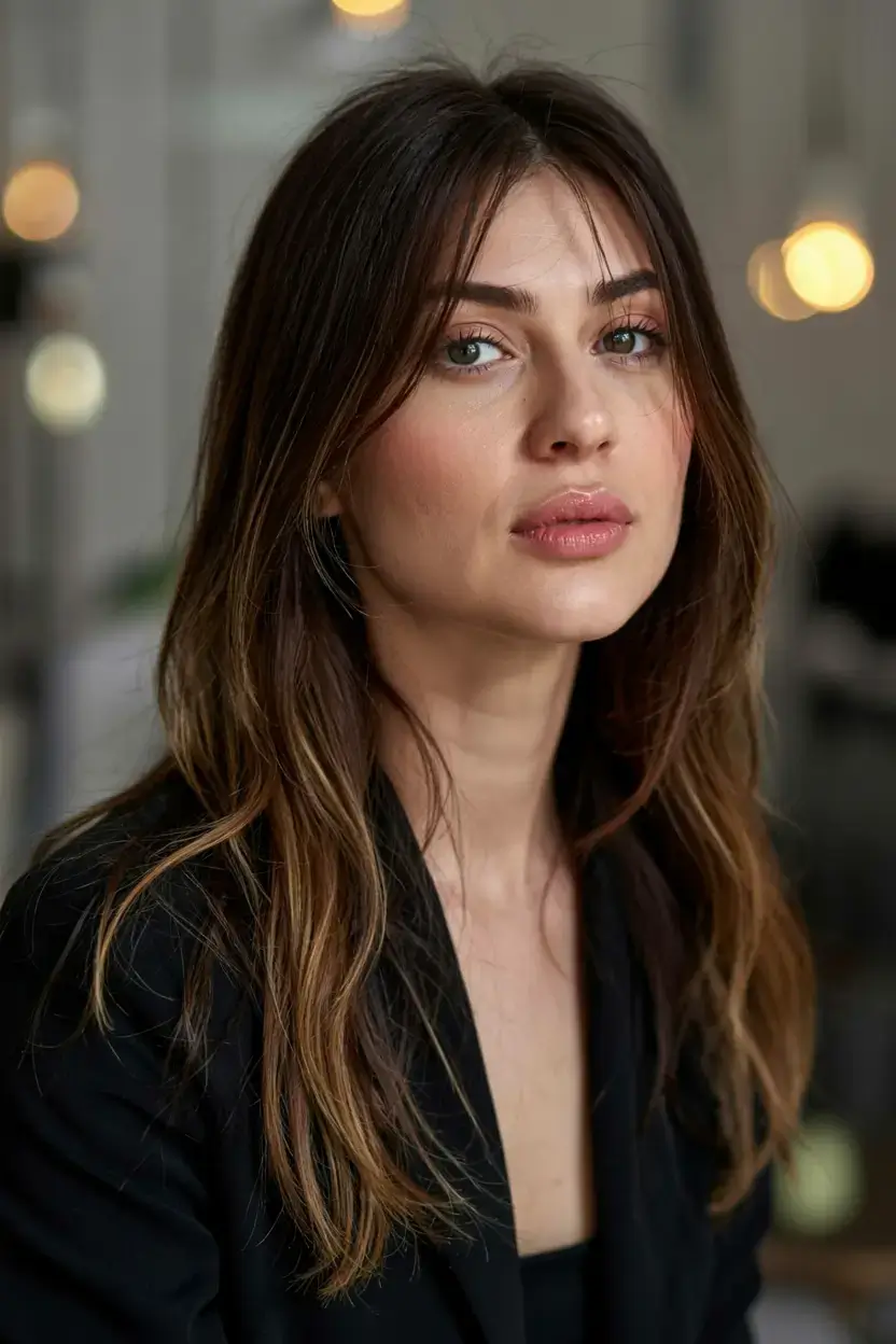 winter haircuts and colors ideas 2025 2026 Smoky Bronde Layers with Soft Curtain Fringe