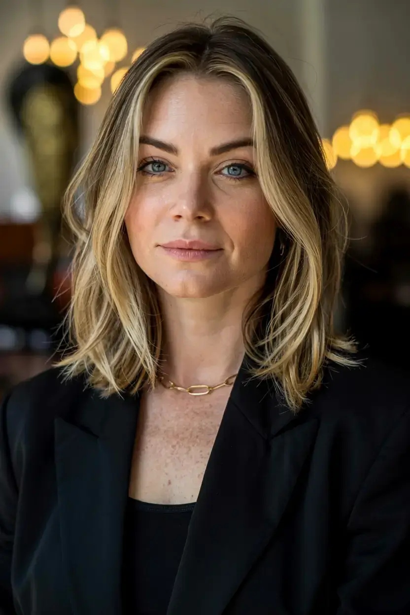 winter haircuts and colors ideas 2025 2026 Polished Mid-Length Blonde with a Modern Edge