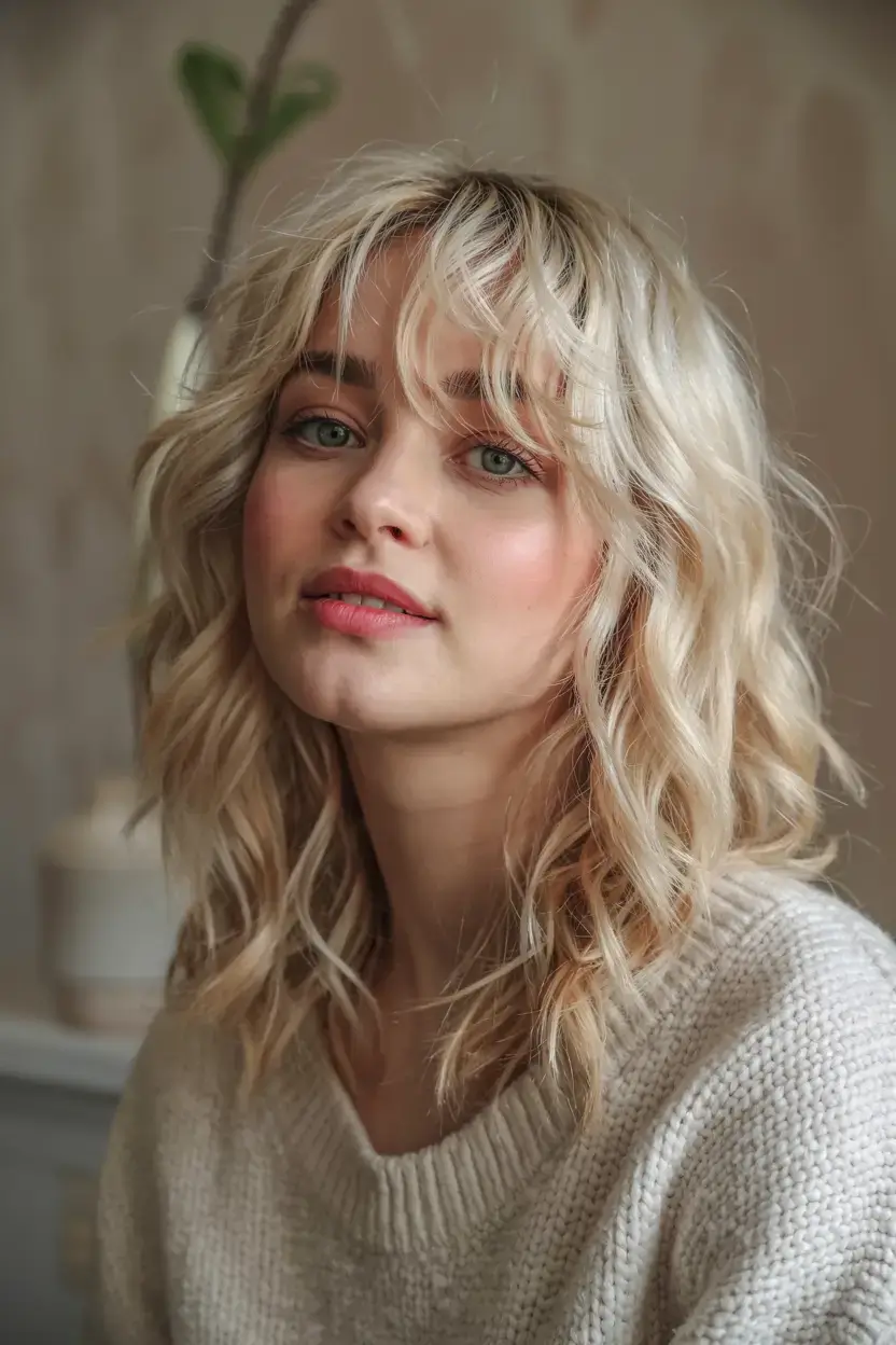 winter haircuts and colors ideas 2025 2026 Buttery Blonde Shag with Tousled Bangs