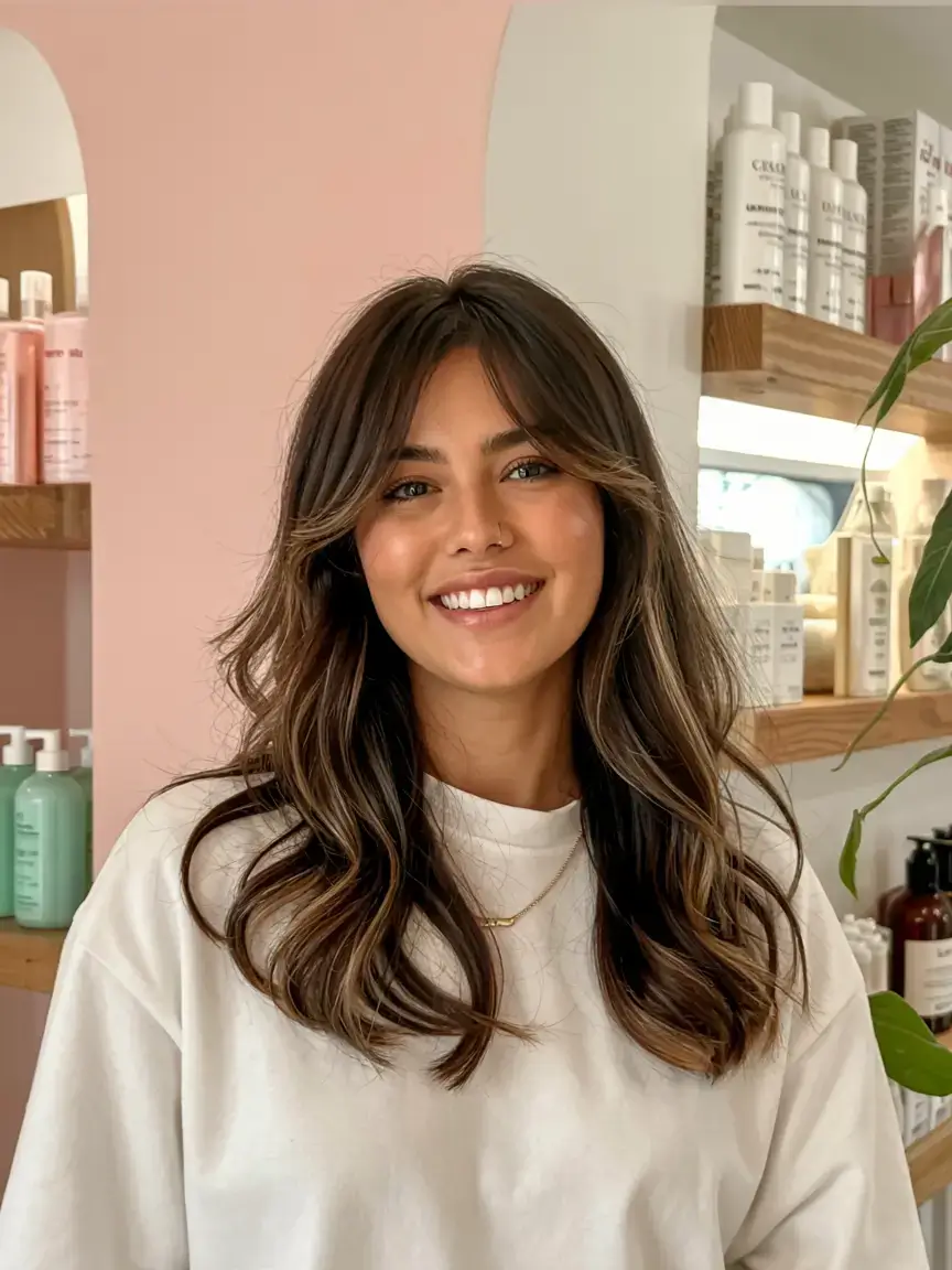 winter haircuts for round faces ideas 2025 2026 Soft Layered Waves with Curtain Bangs
